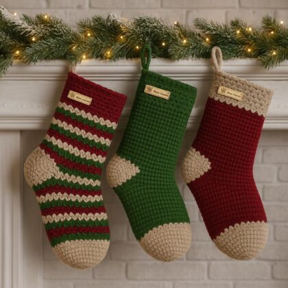 Horgolt karácsonyi zokni szett – 3 db kézzel készült dekoráció / Crochet Christmas stockings set (3 pcs)