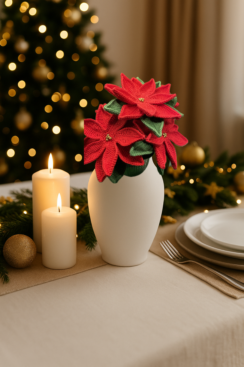 Horgolt Mikulásvirág csokor – kézműves karácsonyi dekoráció - Image 3