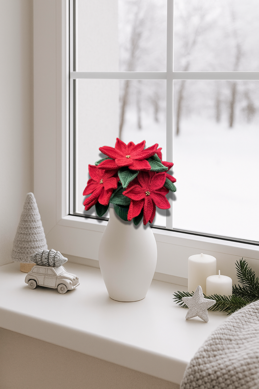 Horgolt Mikulásvirág csokor – kézműves karácsonyi dekoráció - Image 5