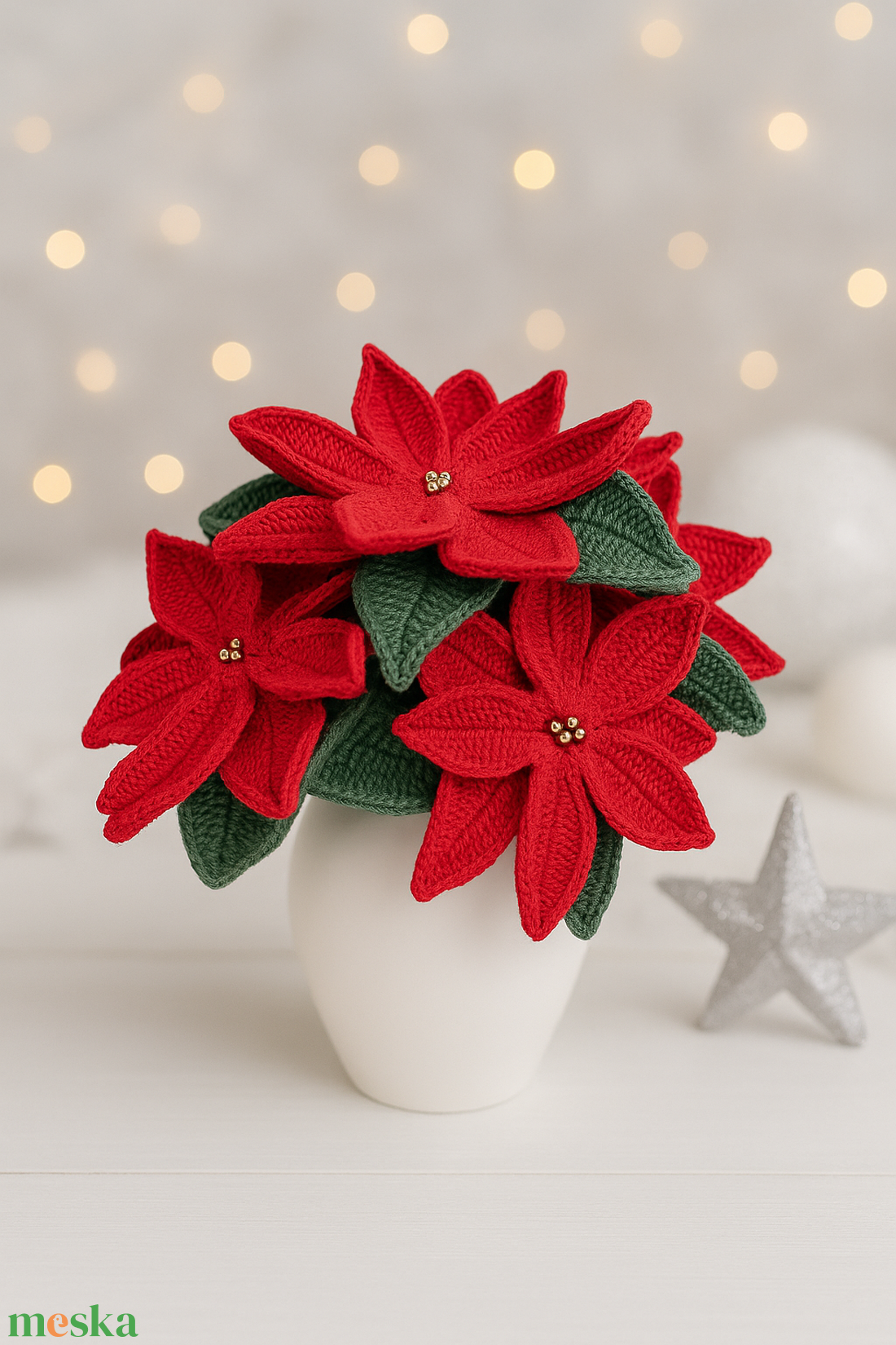 Horgolt Mikulásvirág csokor – kézműves karácsonyi dekoráció